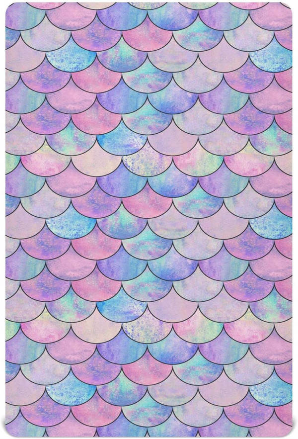 Mermaid Fish Scale Crib Sheets for Boys Girls Pack and Play Sheets Super Soft Mini Crib Sheets Fitted Crib Sheet for Sta