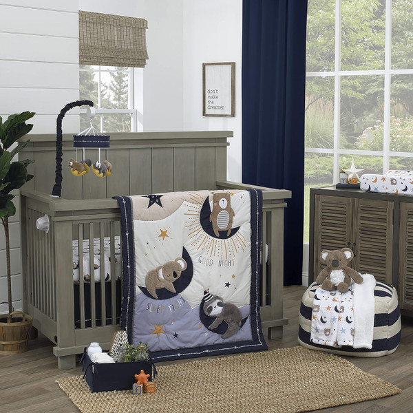 NoJo Goodnight Sleep Tight White & Blue Koala, Sloth, Bear, Star, & Moon 4Piece Nursery Crib Bedding Set, Navy, Light Bl