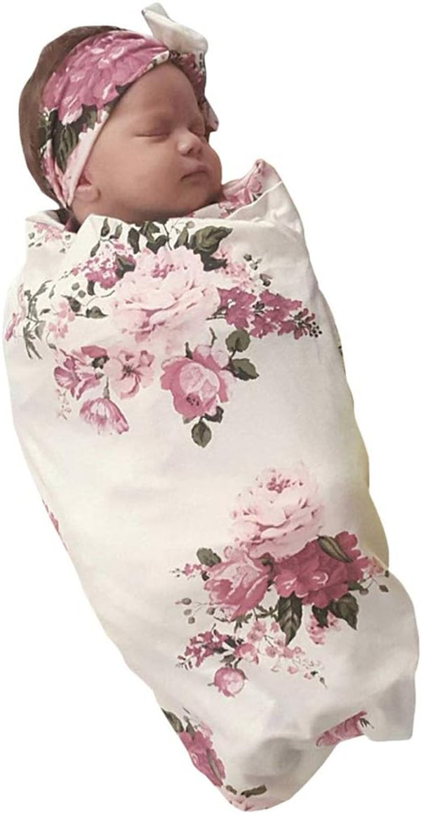 Newborn Girls Receiving Blanket Headband Set Flower Baby Swaddle Blankets Infant Warm 