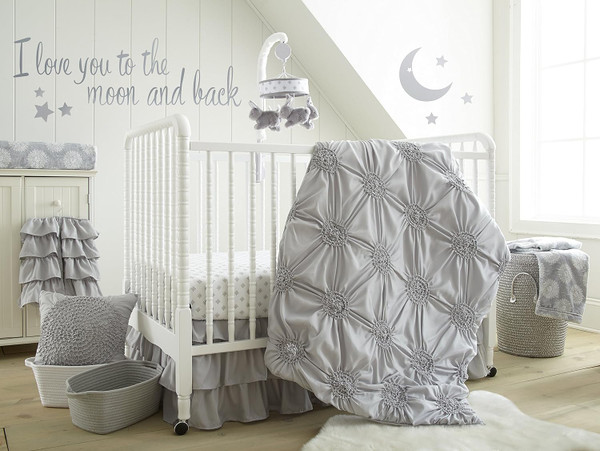 Levtex Baby - Willow Crib Bed Set - Baby Nursery Set - Grey - Soft Rosette Pintuck - 5 Piece Set includes Quilt, Fitted