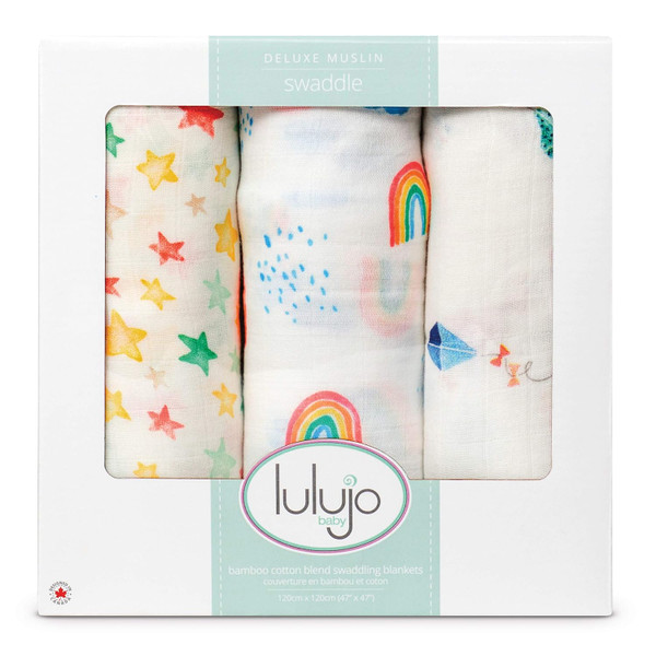 lulujo Baby Set of 3 Deluxe Muslin Swaddle Blankets, High in The Sky 47 x 47-Inch