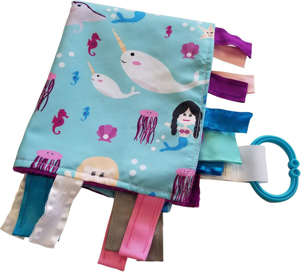 Baby Sensory, Security & Teething Closed Ribbon Tag Lovey Blanket with Minky Dot Fabric: 14X18 (Mermaids and Narwhals)