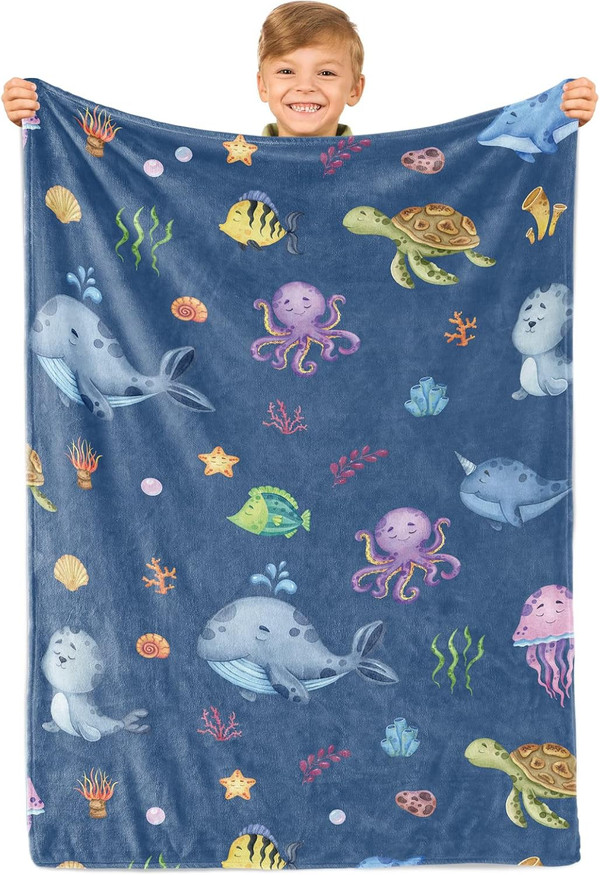 Baby Blanket for Boys and Girls, Lovely Ocean Animal Baby Blanket, Soft Fleece Ocean Animal Blanket for Toddler Kids Bab