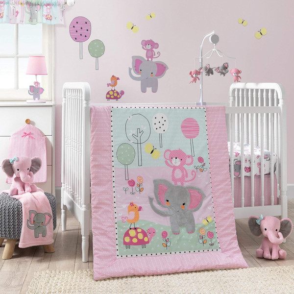 Bedtime Originals Twinkle Toes Jungle Elephant 3 Piece Bedding Set, Pink/White