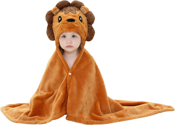 MICHLEY Baby Hooded Swaddling Blanket for Boys Girls, Animal Face Toddler Fall Winter Throw Blankets 0-3 Years(Lion)