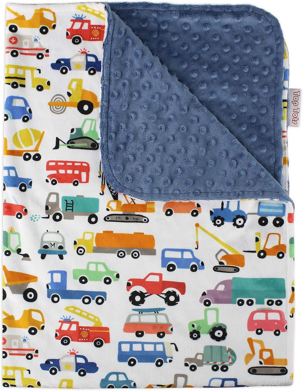 Baby Blanket - City Cars and Trucks with Navy Blue Minky Dot