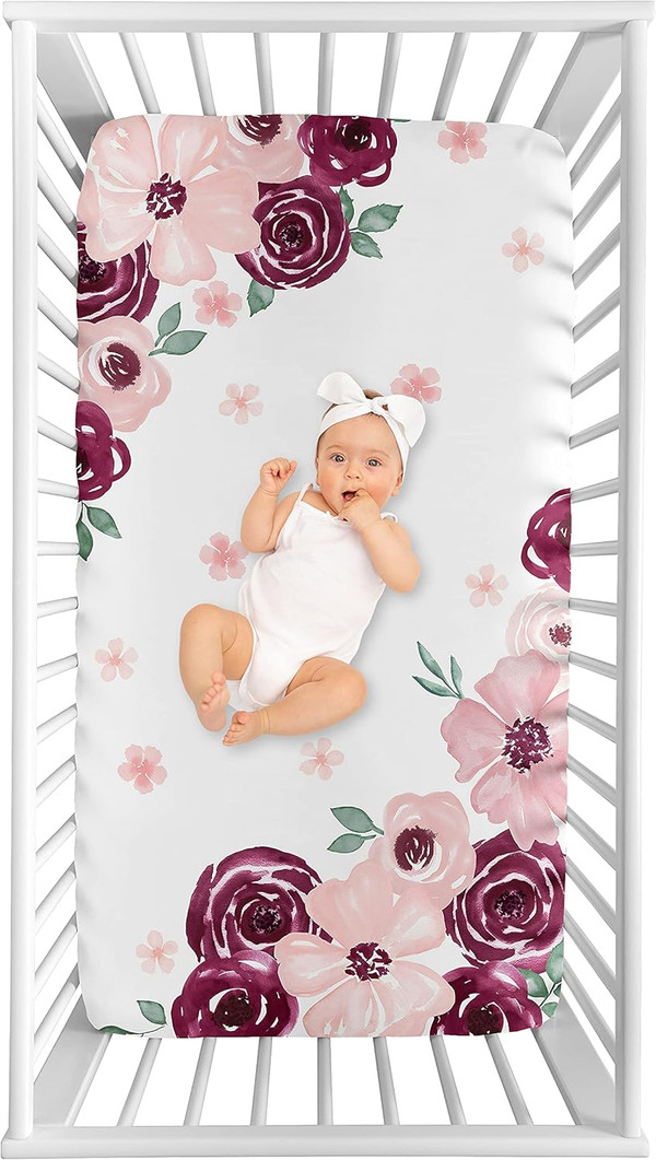 Sweet Jojo Designs Burgundy Watercolor Floral Girl Fitted Crib Sheet Baby or Toddler Bed Nursery Photo Op - Blush Pink,