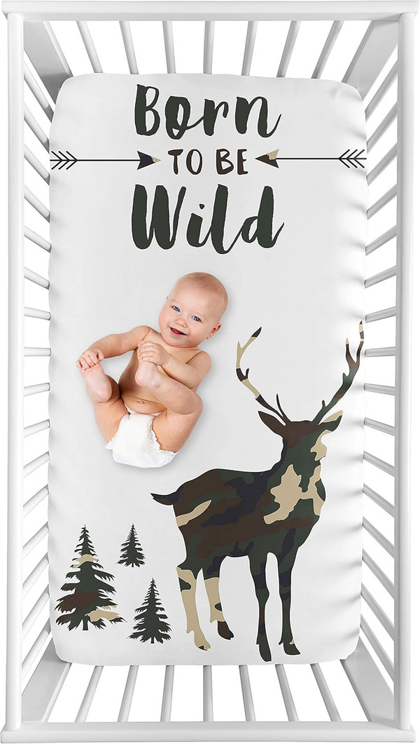 Sweet Jojo Designs Woodland Camo Deer Boy Fitted Crib Sheet Baby or Toddler Bed Nursery Photo Op - Beige, Green and Blac