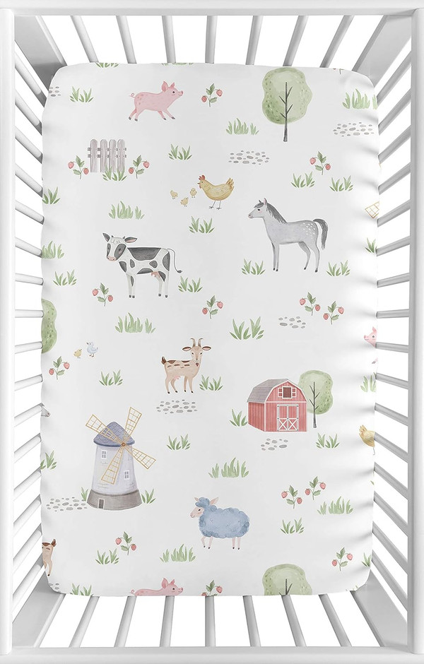 Sweet Jojo Designs Farm Animals Boy or Girl Fitted Mini Crib Sheet Baby Nursery for Portable Crib or Pack and Play - Wat