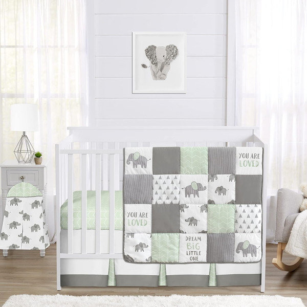 Sweet Jojo Designs Mint, Grey and White Watercolor Elephant Safari Baby Unisex Crib Bedding Set - 4 Pieces