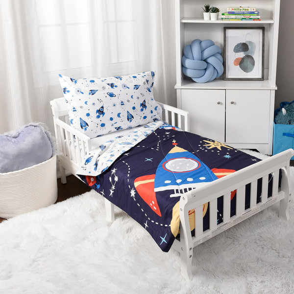EXPRESSIONS Toddler Bedding Set, Space (2 Piece Set, Fits Standard Infant Mattress) Includes Microfiber Reversible Comfo