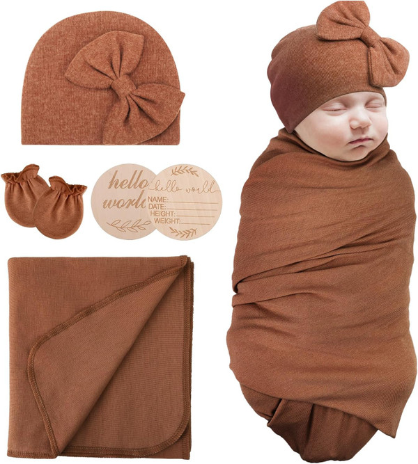 Newborn Baby Receiving Blankets Girl with Bow Hat Mittens Wooden Birth Card Set Baby Swaddles for Newborns Toddler Gift