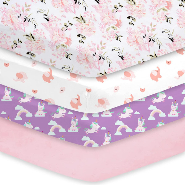 Little Grape Land Crib Sheets Girl 4 Pack, Baby Crib Sheets for Standard Crib & Toddler Mattress, Super Soft Breathable