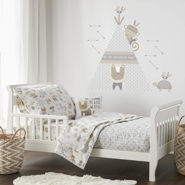 Levtex Baby Kenya Animals Beige, Grey, White - 5PC Toddler Set - Neutral Kids Bedding- Reversible Quilt, Fitted Sheet, F