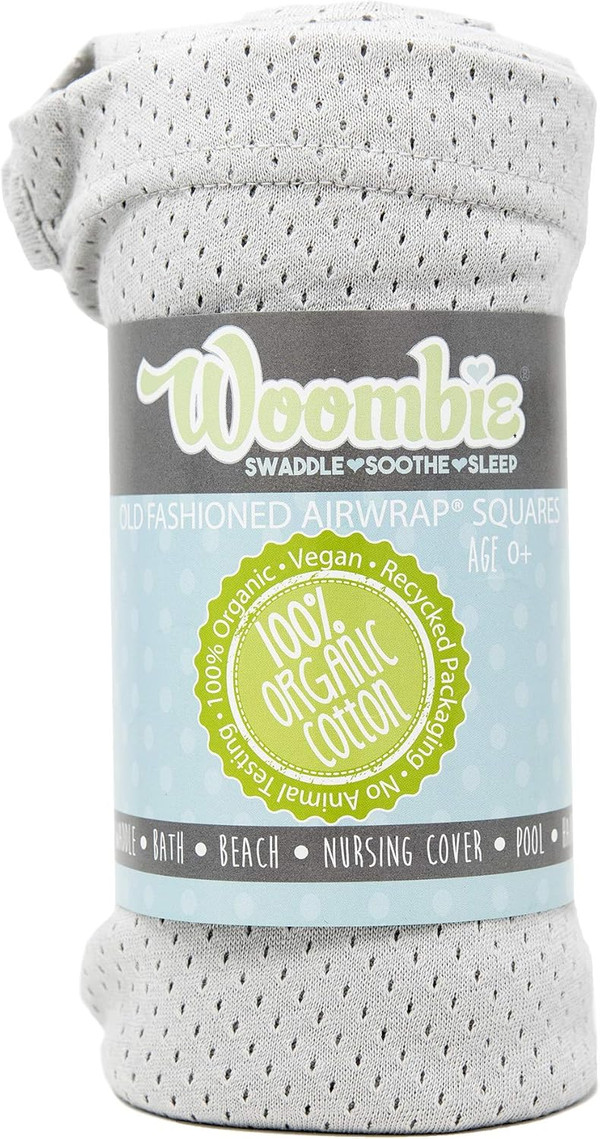Woombie Organic Baby Swaddling Blanket, Lightweight Breathable Swaddle, Baby Receiving Blanket, Powder Gray, 44 x 44 inc