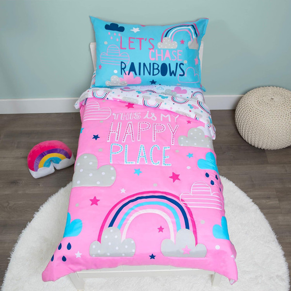 Baby Boom Funhouse Let's Chase Rainbows 4 Piece Toddler Bedding Set  Includes Comforter, Sheet Set  Fitted + Top Sheet