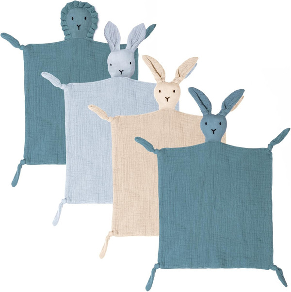 Tudomro 4 Pcs Organic Cotton Muslin Lovey Blanket Muslin Loveys for Babies, Bunny Lion Soft Breathable Security Blanket
