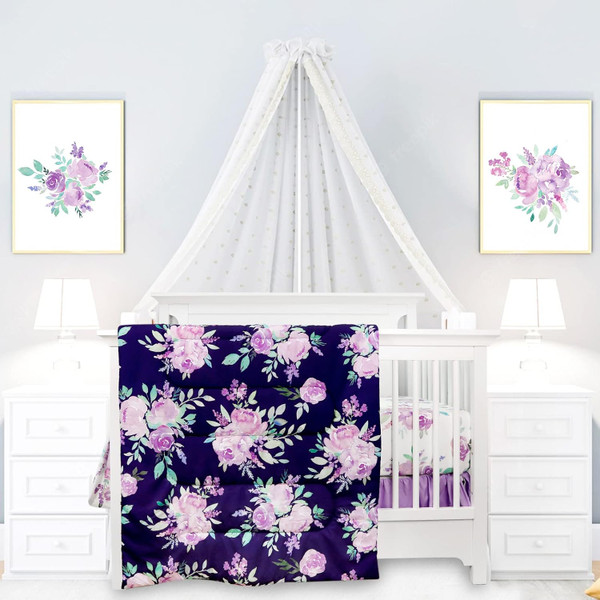 TANOFAR 4 Piece Crib Bedding Set for Girls, Purple Flower Quilt, Crib Skirt, Diaper Stacker, Soft Microfiber Comforter,