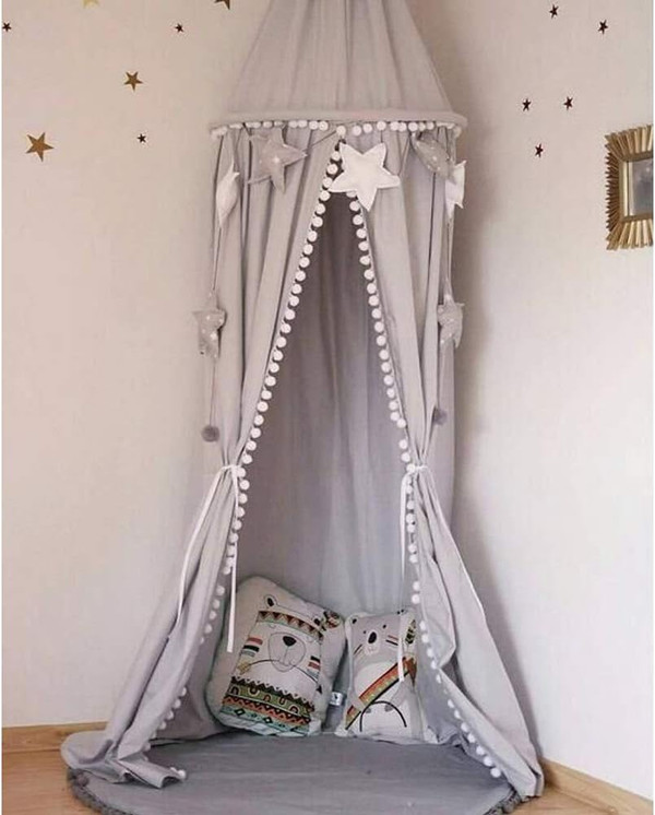 Kids Bed Canopy with Pom Pom Cotton Canopy for Crib Baby Girl Netting Cover Canopy Crib Curtain Reading Nook Hanging Ten