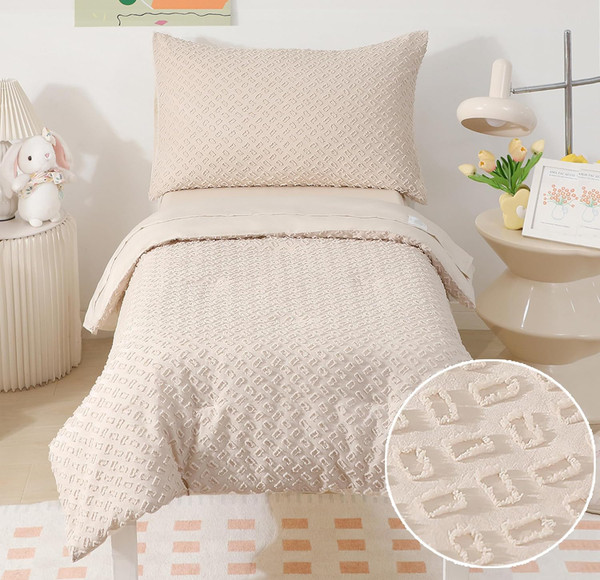 4 Piece Boho Toddler Bedding Sets for Boys Girls Beige Crib Bed Sheets Set Soft Jacquard Tufted Geometric Baby Crib Comf