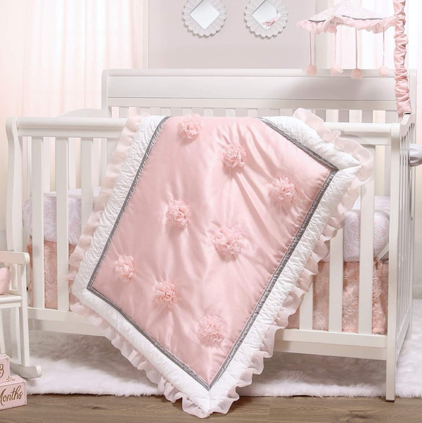 The Peanutshell Pink Crib Bedding Set for Baby Girls - 3 Piece Arianna Nursery Set - Crib Quilt, Fitted Crib Sheet, Dust