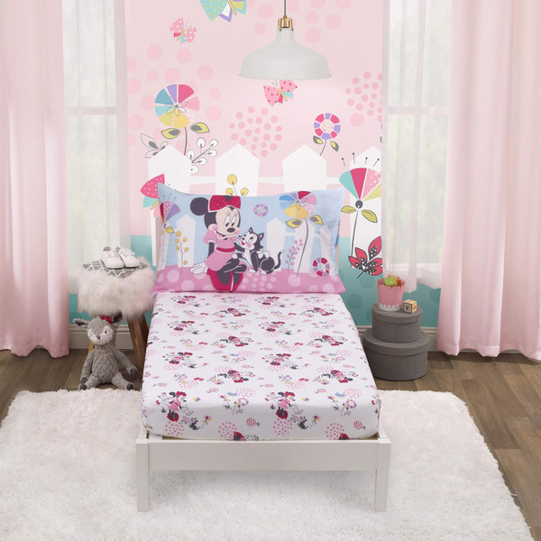 Disney Minnie Mouse - Minnie in Pink 2Piece Toddler Sheet Set - Fitted Bottom Sheet & Reversible Pillowcase, Pink, Aqua,