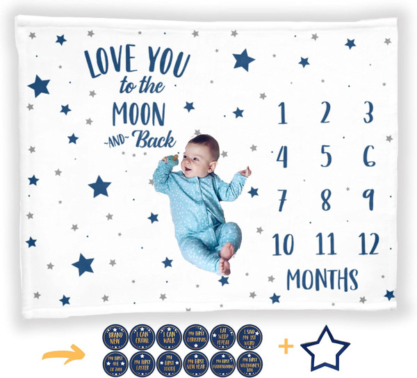 Baby Monthly Milestone Blanket with 12 Stickers, First Year Calendar Monthly Growth Tracker, Baby Boy Month Blanket, Sta