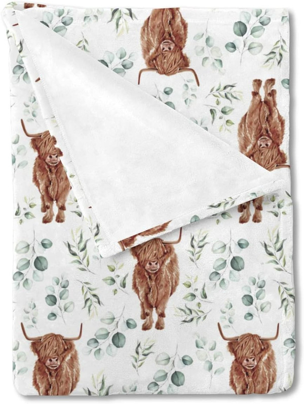 Highland Cow Eucalyptus Leaf Baby Blanket Boys Gift, Western Farm Animal Yak Flannel Fleece Nursery Swaddle Receiving Bl