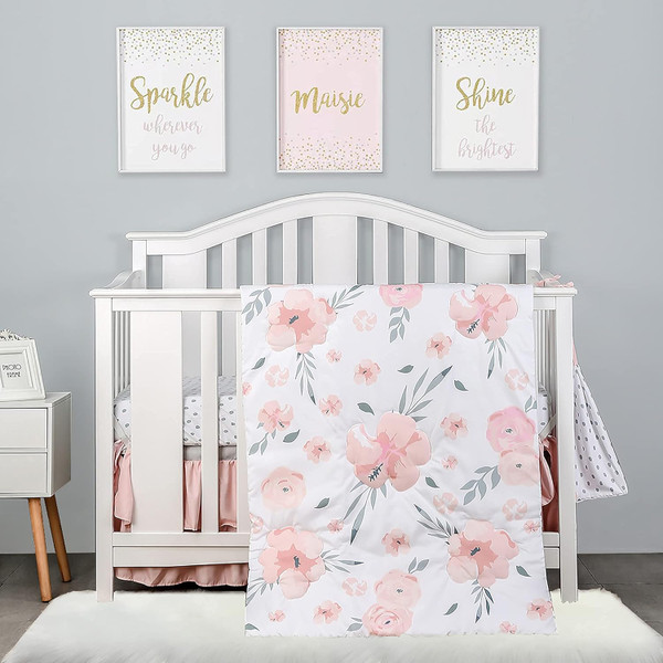 PINNKKU 4-Piece Crib Bedding Set for Boy Girls, includes Crib Skirt, Blanket, Crib Sheet & Diaper Bag, Crib Baby Bedding