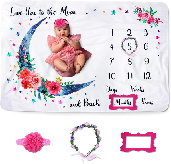 Baby Monthly Milestone Blanket for Baby Girl, Photo Blanket for Newborn and Baby Pictures. Includes Headband, Wreath and