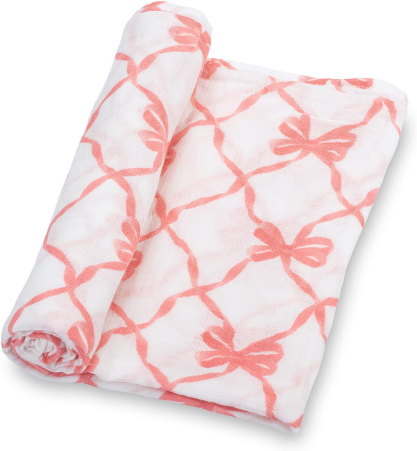 Swaddle Blanket | 100% Muslin Cotton | Newborn and Baby Nursery Essentials for Girls, Registry | Pink Bow Print