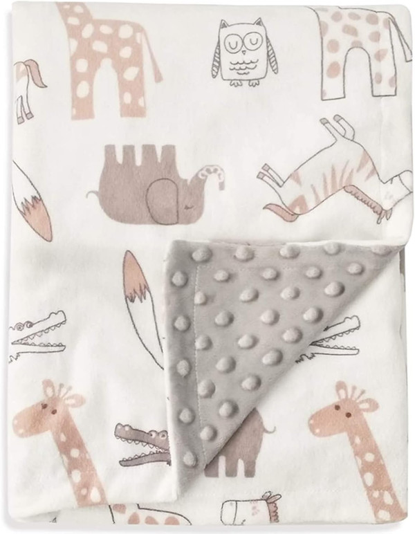 BORITAR Baby Blanket Soft Minky with Double Layer Dotted Backing, Lovely Animals Printed 30 x 40 Inch Receiving Blanket
