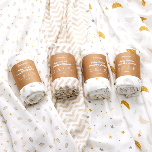 Momcozy Muslin Swaddle Blankets, 4 Pack, Ultra Soft, Neutral Matching, Breathable 2-Layer Gauze Large 47'' x 47'' Baby S