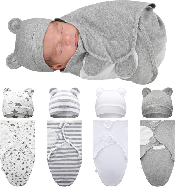 Buryeah 4 Pack Preemie Swaddle Blanket Wrap Set with Hat for Baby Boys Girls 3-7 Lbs Preemie Newborn Clothes Sleepers Ca
