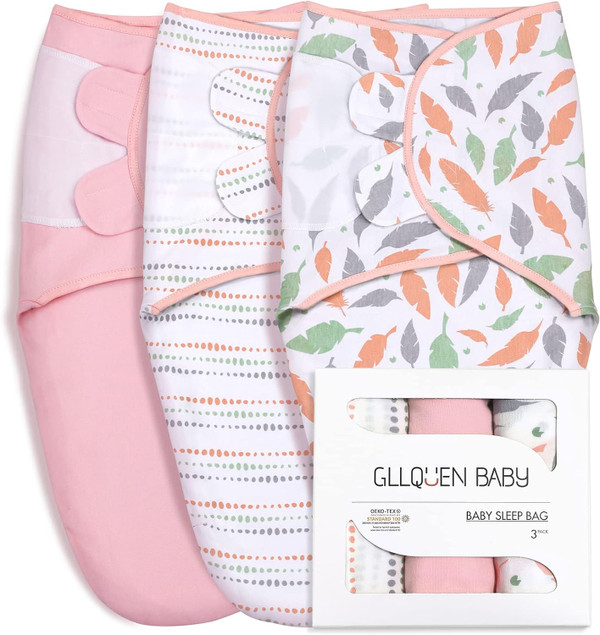 GLLQUEN BABY Swaddle Blankets for Baby Girls, Orange Pink Feather & Wave Point, 3 Pack Wrap Set, Newborn Adjustable Swad