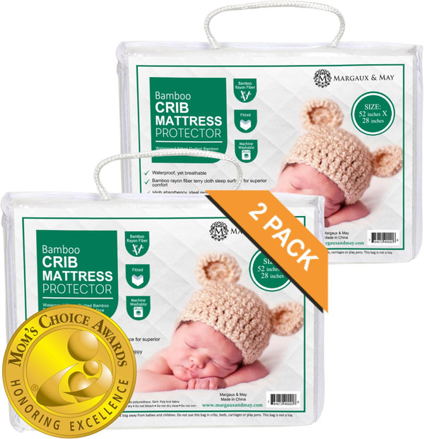 Ultra-Soft Waterproof Crib Mattress Protector Pad 2 pack - Breathable Premium Bamboo Rayon - Noiseless Fitted Dryer Safe