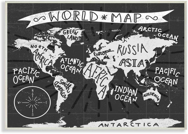 The Kids Room by Stupell Kids World Map Black and White Nursery Design Wall Plaque, 10 x 15, Multi-Color