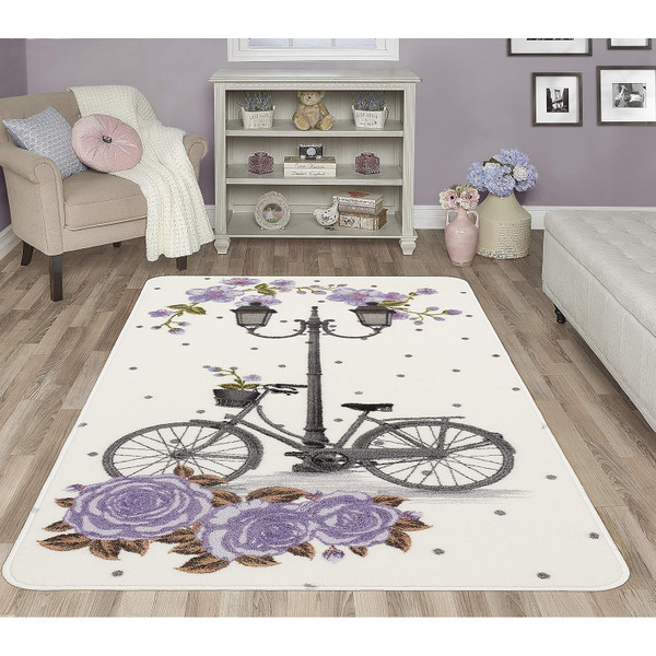 Evolur Home Lilac Vintage Bike Nursery Rug 70"x52" in Multicolor