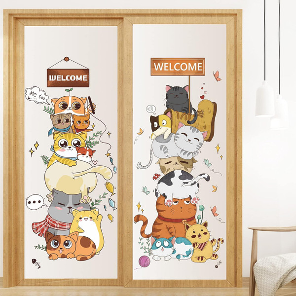 RW-9361+2 Cartoon Cats Wall Decals Cute Cats Wall Stickers Playful Cat Stacked Door Decals DIY Removable Kitty Butterfly