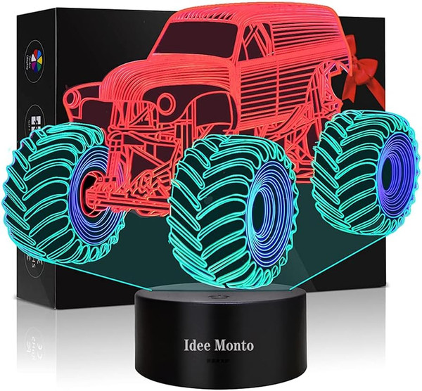 Monster Trucks for Boys Night Light for Kids 3D Lamp Monster Truck Toys Night Light Smart Touch 4 Color LED Kids Room De