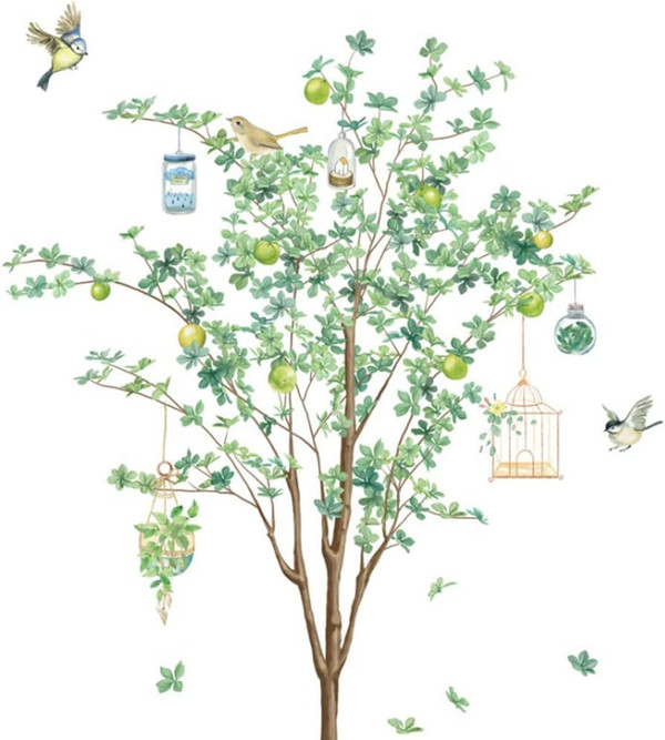 Green Tree Wall Decals Birds Tree Wall Decor Girdcage Tree Wall Stickers Removable Peel and Stick Art DIY for Kids Nurse