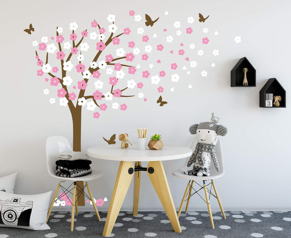 Huge Cherry Blossom Tree Blowing in The Wind Wall Decals Nursery Tree Flowers Butterfly Art Baby Kids Room Wall Sticker