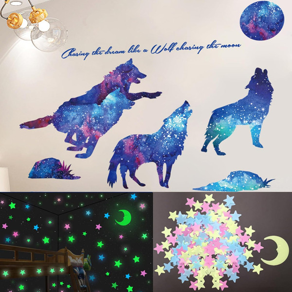 TCM Wolf Sticker with Moon and Stars Wall Decal Removable Galaxy Wolves Wall Sticker for Kids Room Bedroom Playing Room