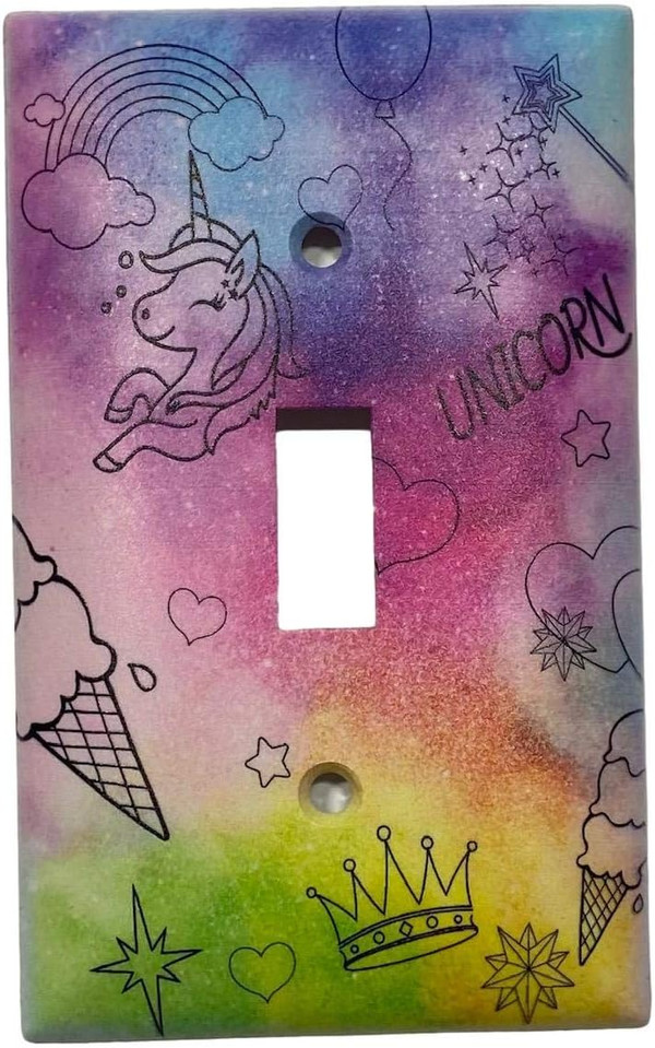 Colorful Unicorn World Kids Room Decor Image Light Switch Plate Single Toggle Plastic Wall Cover