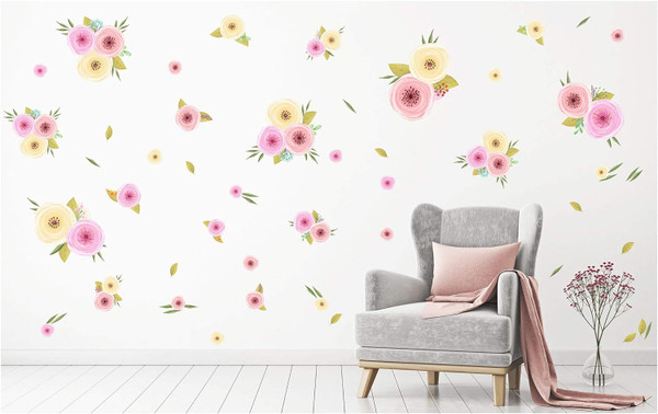 Large Hand Painted Spring Flowers Wall Decal Mural (Watercolor Floral Design 72 Pcs) Baby Girl Nursery Child Kid Teen Ro