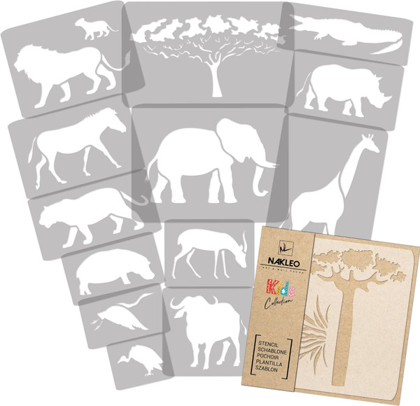 NAKLEO 14 pcs Reusable Plastic Stencils - African Animals Savannah - 13.4" to 3.5" - Pattern Children Kids Painting Temp