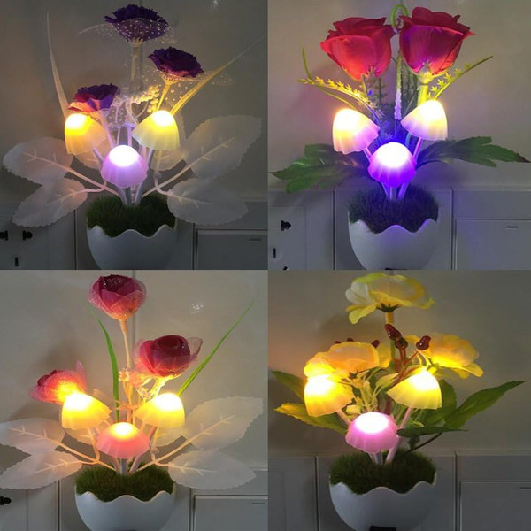 4pcs Automatic On/Off Energy Saving LED Sensation Night Light Plug in Wall Color Changing Mushroom Flower Decoration Lig
