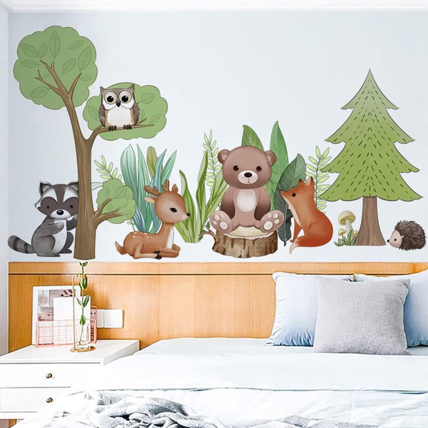 Runtoo Woodland Animal Wall Decals Bear Fox Forest Tree Wall Stickers for Kids Bedroom Nursery Wall Decor