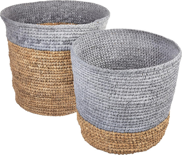 Bloomingville Set of 2 Beige Seagrass Baskets, Natural & Grey