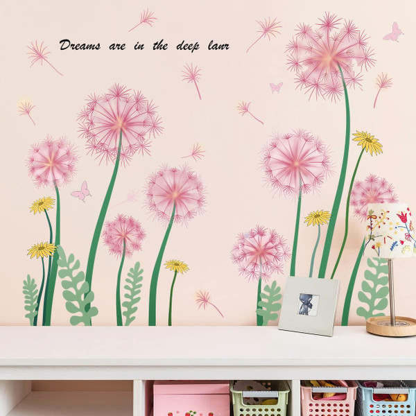 Giant Pink Dandelion Wall Decals Flying Floral Butterfly Wall Stickers Yellow Daisy Flowers Garden Green Leaf Plants DIY